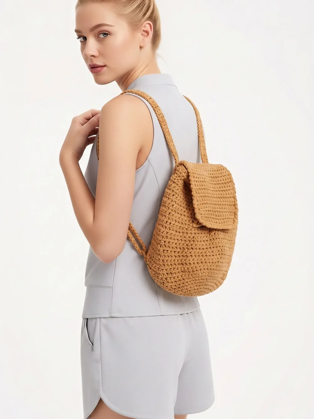 Handcrafted Camel Crochet Backpack with Flap